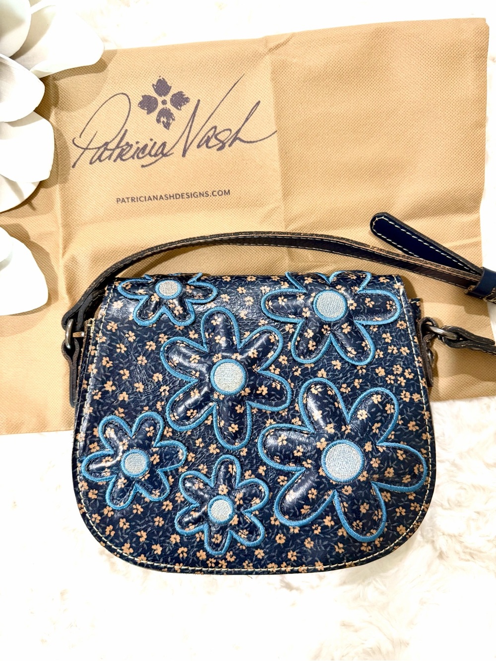 Patricia Nash Vintage Blue Floral Appliqué Genuine Leather Crossbody Bag